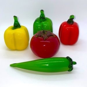 Art Glass Vegetables, set of 5. Red/yellow/green peppers, a tomato & a Jalapeño.